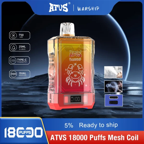 Atvs Warship 18000 Puffs 5% Перезаряжаемые одноразовые ручки для электронных сигарет с низким содержанием никотина Купить оптом - KeenVape - 1