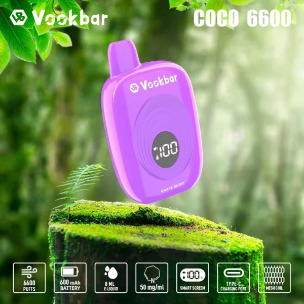 Vookbar Coco 6600 Puffs Digital Smart Screen 3% Перезаряджуваний одноразовий вейп-ручка з низьким вмістом нікотину Купуйте оптом - KeenVape - 6